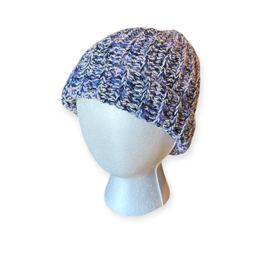New Handmade Crochet Ribbed Beanie Fold over Hat Winter Navy Purple Blue Speckle